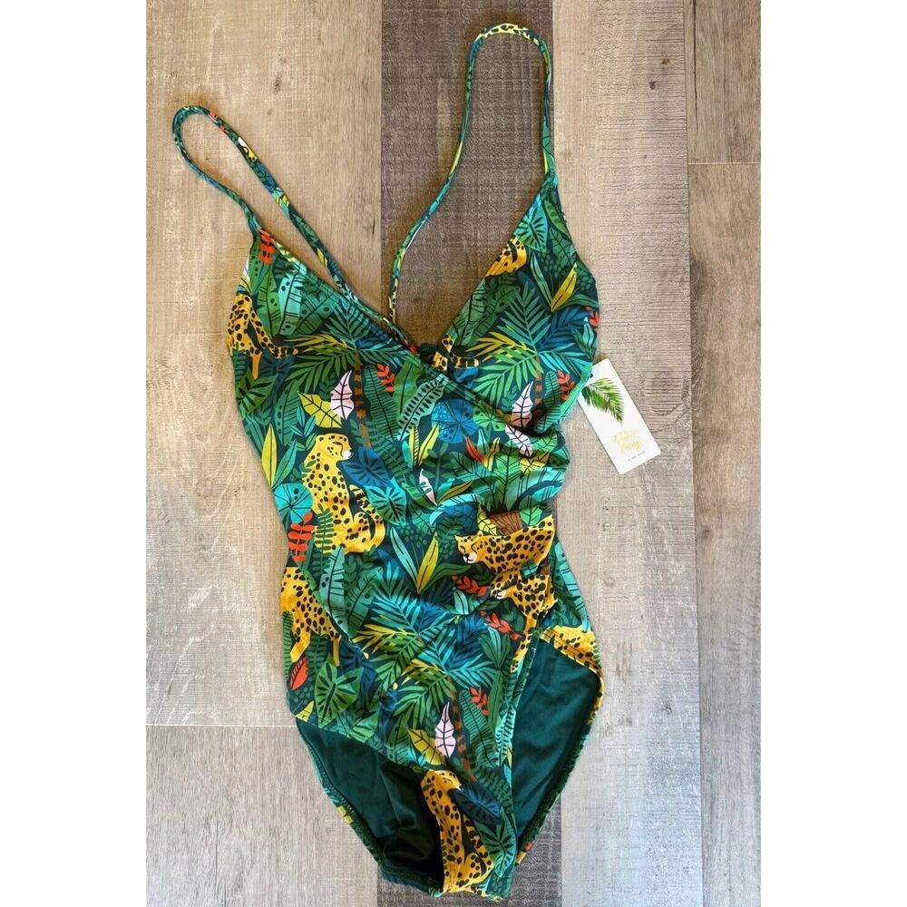 Palms Away Swimsuit Womens XS Green Island Oasis Print One Piece Spaghetti Strap